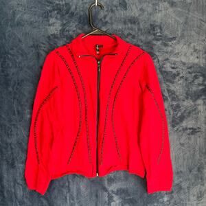 Roni Robl Red Unique Embroidered red Full Zip‎ Knitted Sweater Womans Size Large
